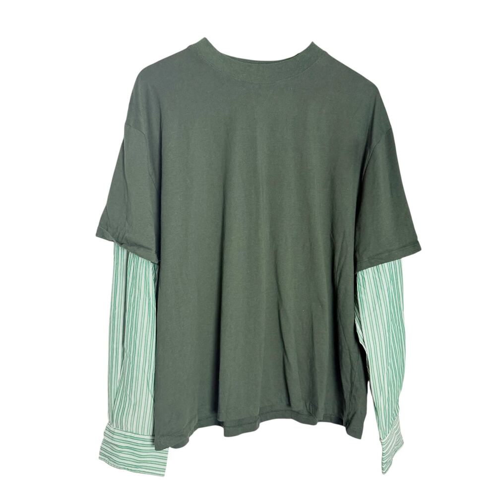 Lioness Bottega Green Layered Mix Media Crewneck Tee Striped Long Sleeve Shirt S - Picture 4 of 10